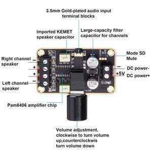 ミニステレオ電源アンプPAM8406 5W + 5WクラスDデュアルチャネルオーディオアンプボードDC 5VデジタルDIYスピーカー電子部品 - Product Image 6