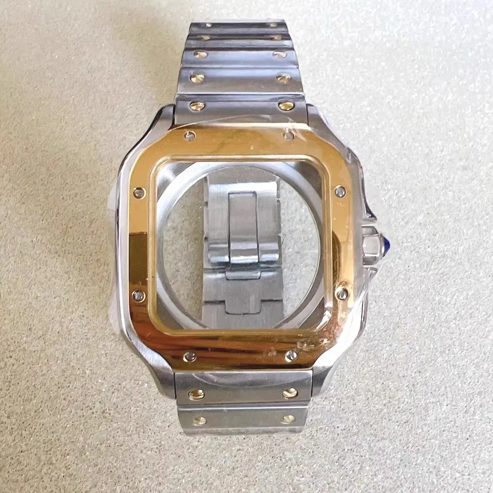 Caja de reloj cuadrada PVD dorada de 38mm, juego de caja NH35, pulsera de acero 316L, piezas de reparación de reloj para movimientos automáticos NH36