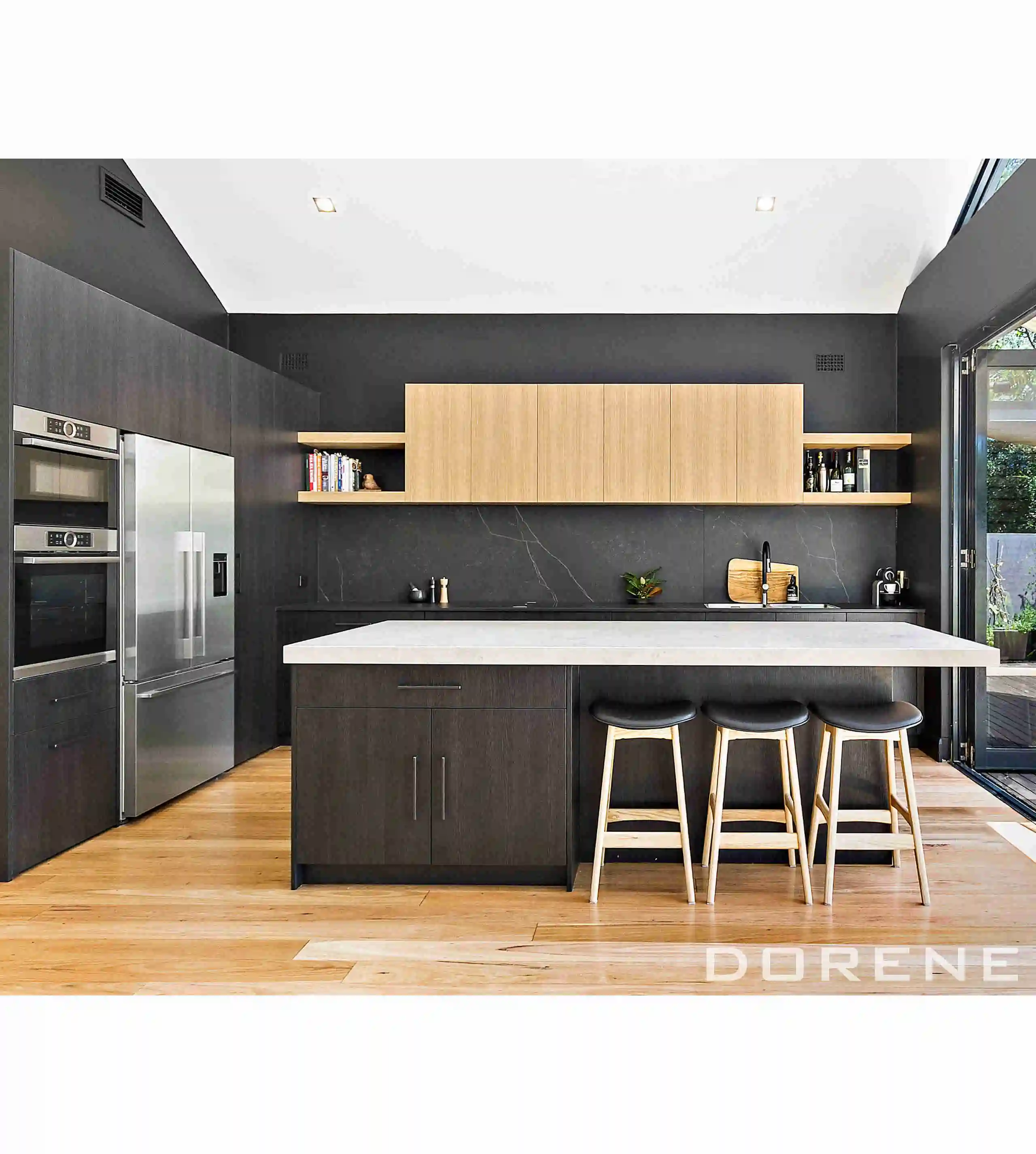 2023 Dorene U Shape Melamine Kitchen Cabinet Set Design Matte Wood Grain Luxury Pvc Cupboard Cabinet Kitchen