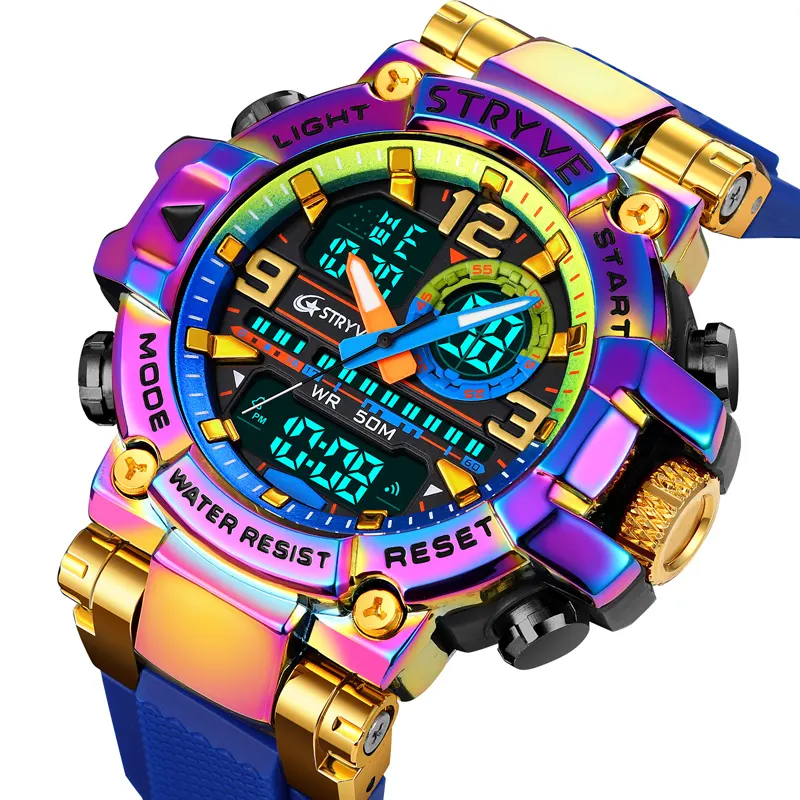 Stryve-relojes digitales deportivos de colores para hombre, pulsera de doble movimiento, de diseño a la moda, 5ATM, S8025