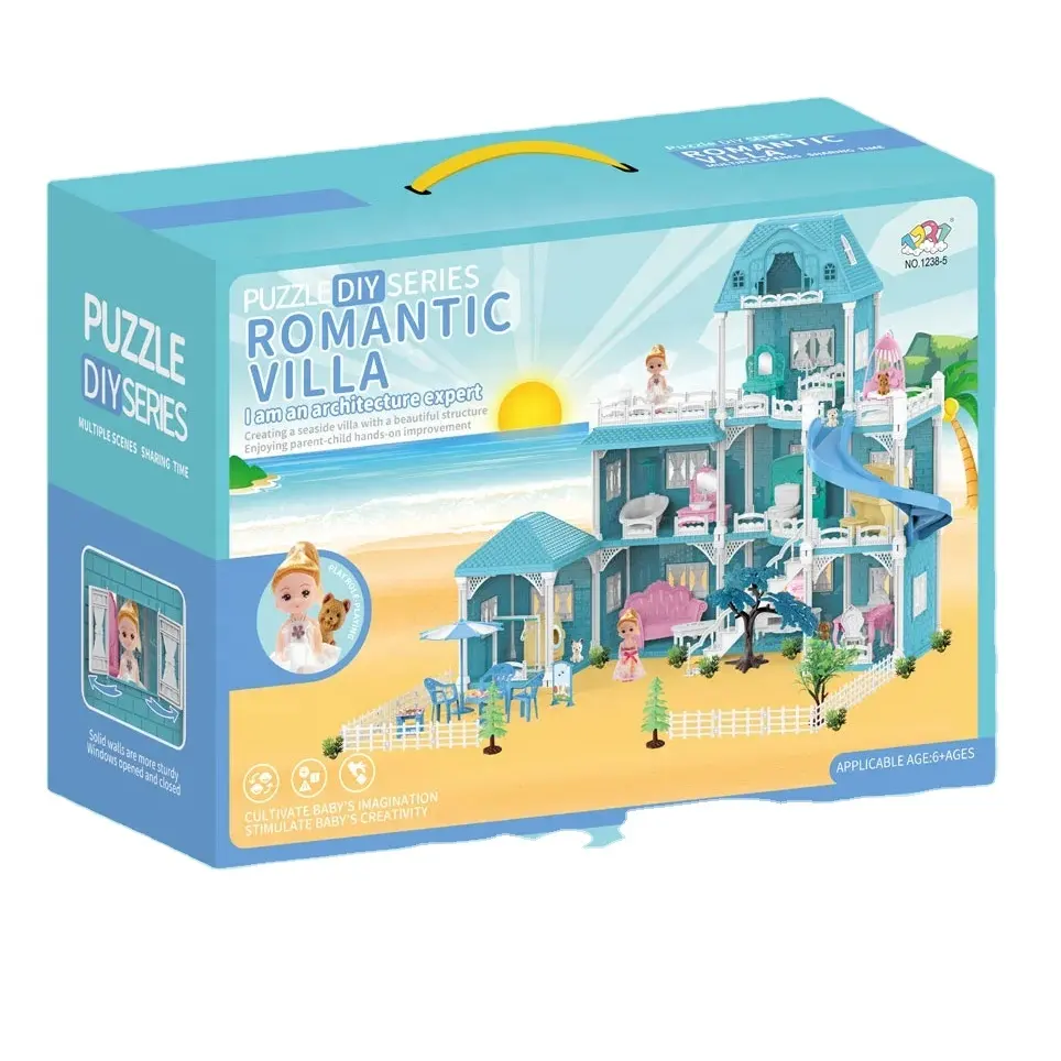 DIY regalo para niños recién llegados Villa romántica playa Azul muñeca muebles de plástico juguetes para niñas casa con 8 habitaciones y 2 princesas