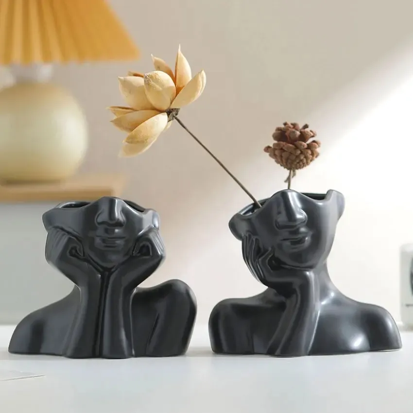 Decoración nórdica moderna para el hogar y la Oficina, estatua de cerámica negra, florero, macetas para la cara, jarrón para la cara con forma de cabeza