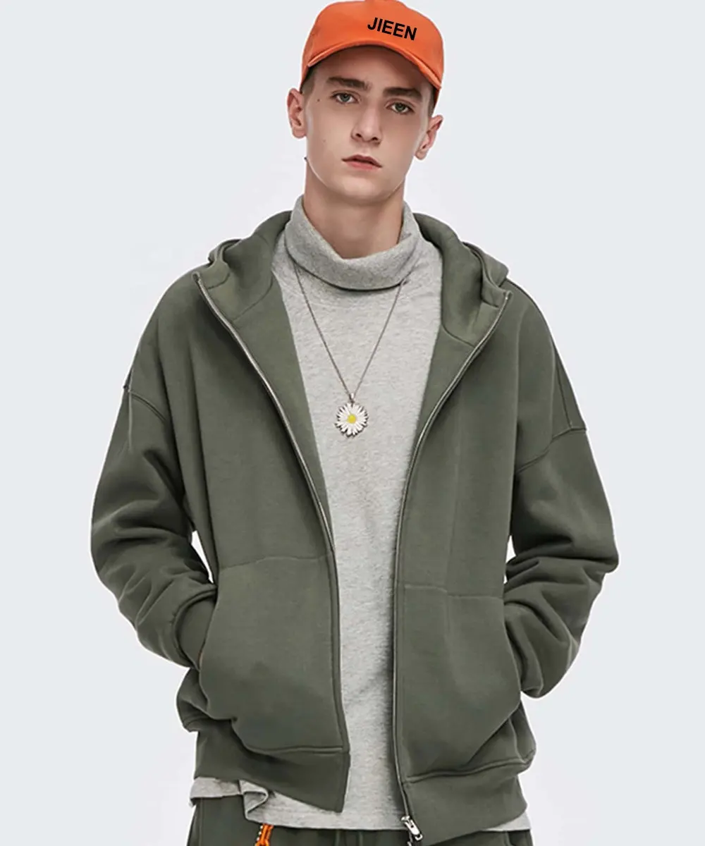 Felpe con cappuccio verde militare da uomo Casual stile Casual con cerniera a spalla e cerniera