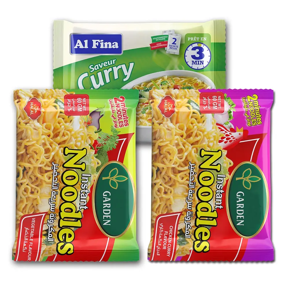 Grosir Pabrik Cina Makanan Cepat gaya India Halal Ramen Vegetarian Thai Label pribadi tas mie instan