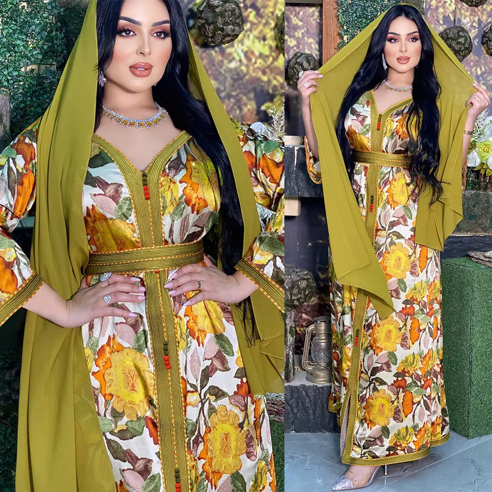 Vendita calda abbigliamento e accessorio islamico medio oriente tacchino Dubai Maxi abito a manica lunga con stampa floreale abito donna Abaya