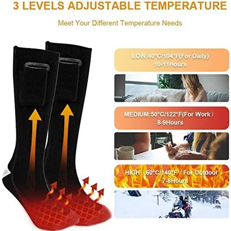 4000 mAh Hot Sale Winter Rechargeable Machine Washable Heating Cable Heated Socks With Battery