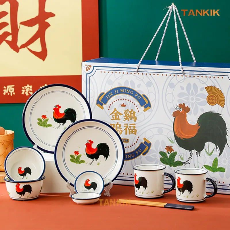 Vintage Cina gaya ayam beruntung cangkir porselen mangkuk mie mangkuk sup piring keramik alat makan Set peralatan makan