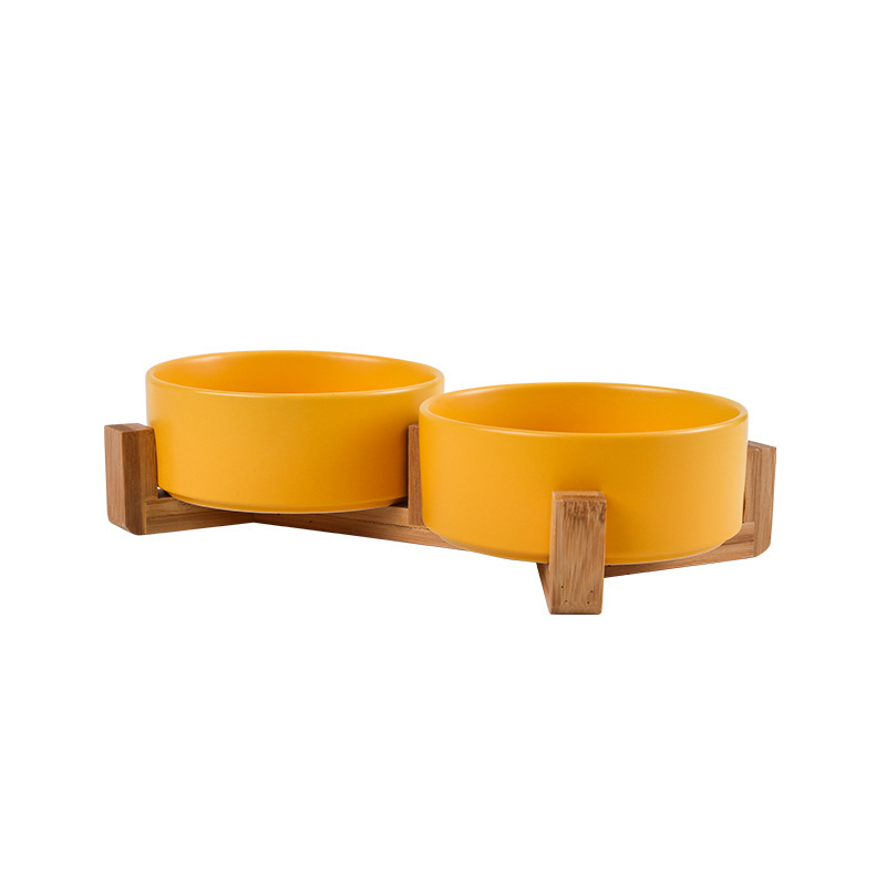 Double bowl wooden frame straight mouth ceramic yellow 2