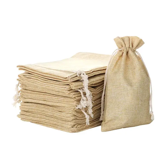 Bolsa pequeña de lino, yute, arpillera, con cordón, logotipo personalizado impreso, ecológica, bolsa de regalo con asas, gran oferta