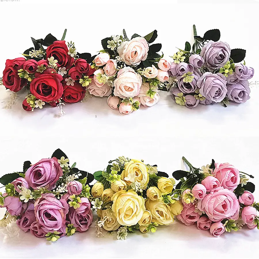 Buquê artificial de decoração de bolo, bonito 7 garfos de cor outono para decoração de bolo de rosas pequenas, buquê de rosas