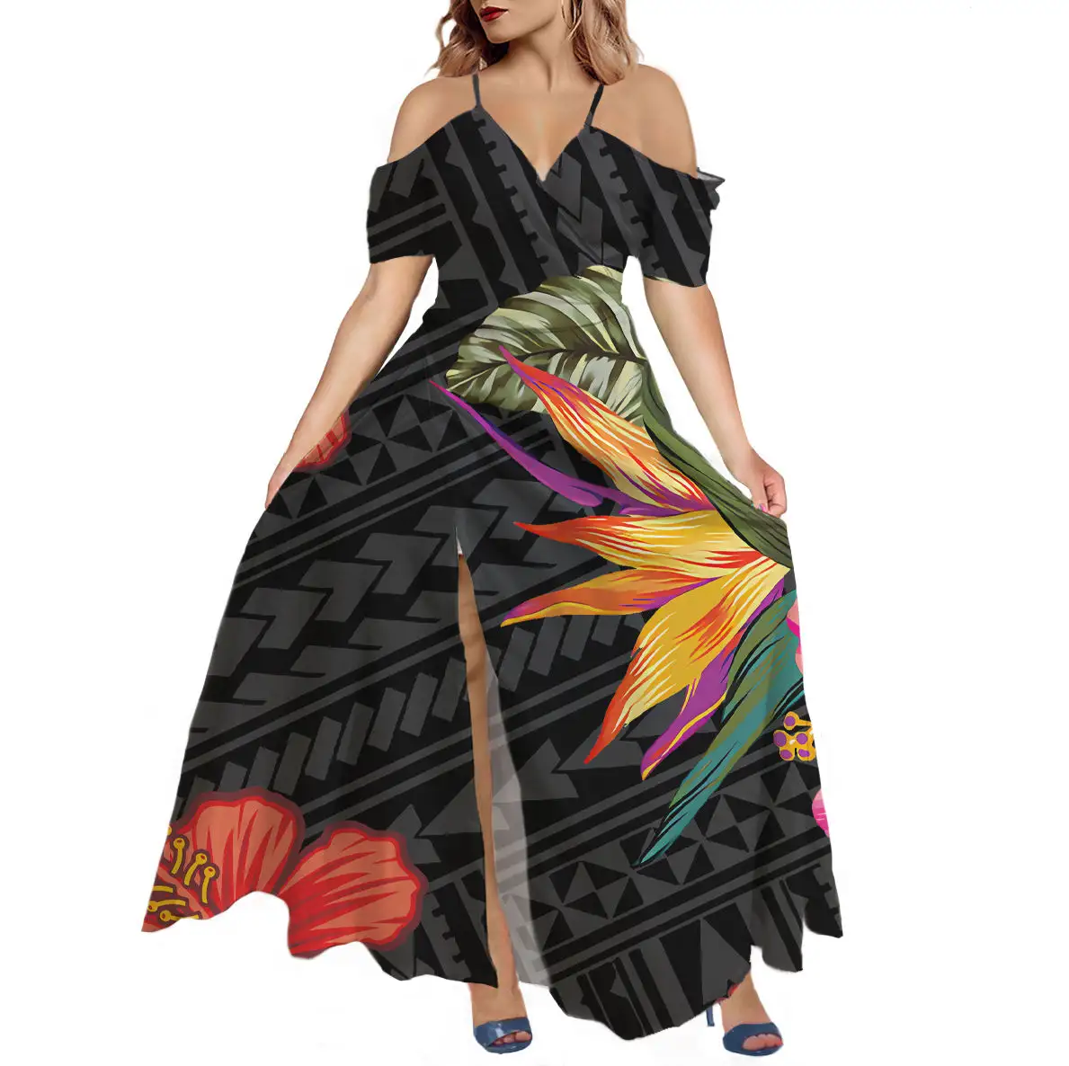 Benutzer definierte 1MOQ LOGO/Design/Text Großhandel Kurzarm Sommer Polynesian Hawaiian Beach Long Casual Off Shoulder Strap Kleid