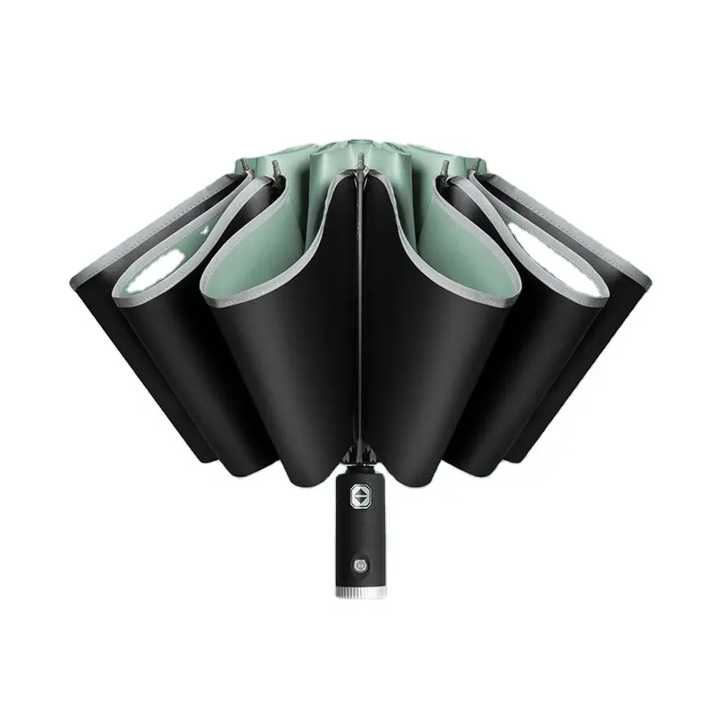 China LED Light Handle Automatic Folding Inverted UV Umbrella With Reflective Stripe