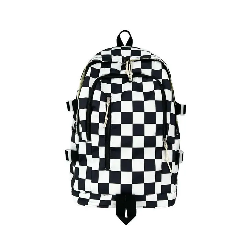 Vente en gros de sac à dos scolaire à carreaux noir et blanc de style INS sac à dos en nylon imperméable sac d'école d'étudiant de retour sac de voyage