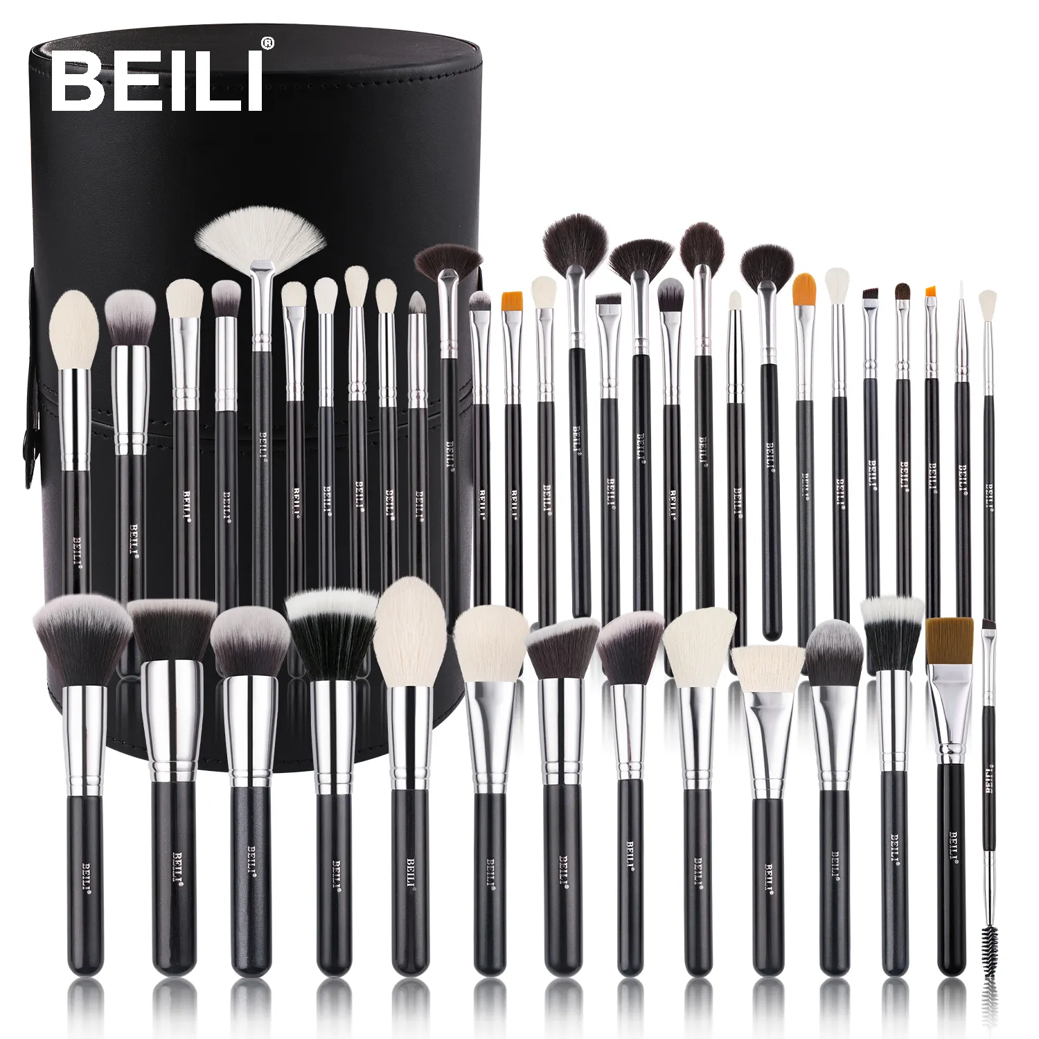 BEILI Großhandel Eigenmarke schwarz Silber Make-up Pinsel Set Pu Eimer Verpackung 42 Stück Holzgriff Kosmetik pinsel benutzer definierte