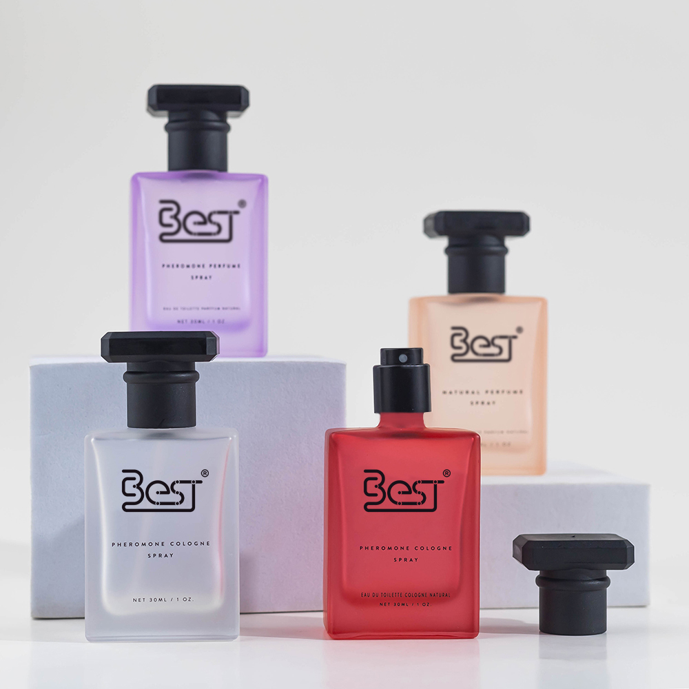 Bouteille en verre de couleur personnalisée + bouchon T noir + pulvérisateur noir