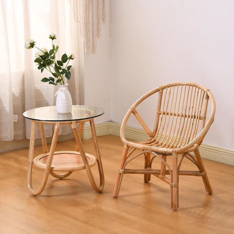 Original rattan-colored armchair + coffee table + glass