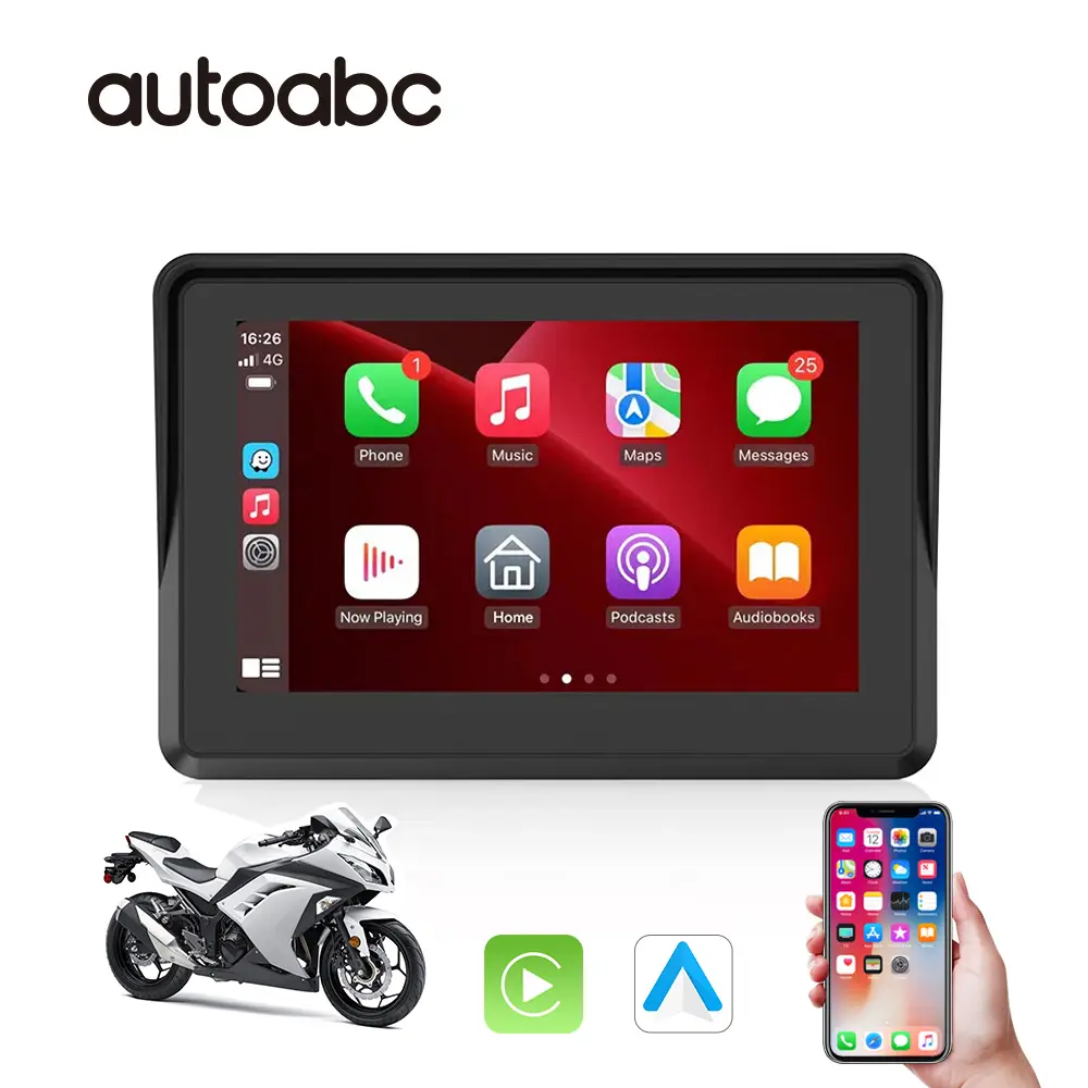 Autoabc 5 "Touch Screen Motocicleta Navegação Gps Navigator Carplay Sem Fio Android Auto Moto Display Impermeável