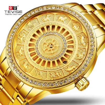Montre haute couture zodiaque chinois pour hommes, horloge de luxe, en or, automatique, mécanique, 9055