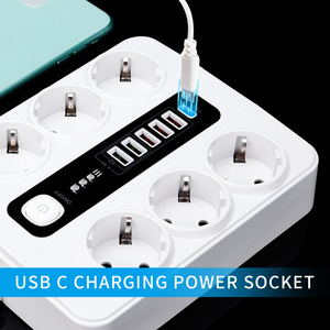 办公室家用欧盟插头3000W 2m电缆过载保护USB C型端口带安全开关电源条的扩展插座 - Product Image 6