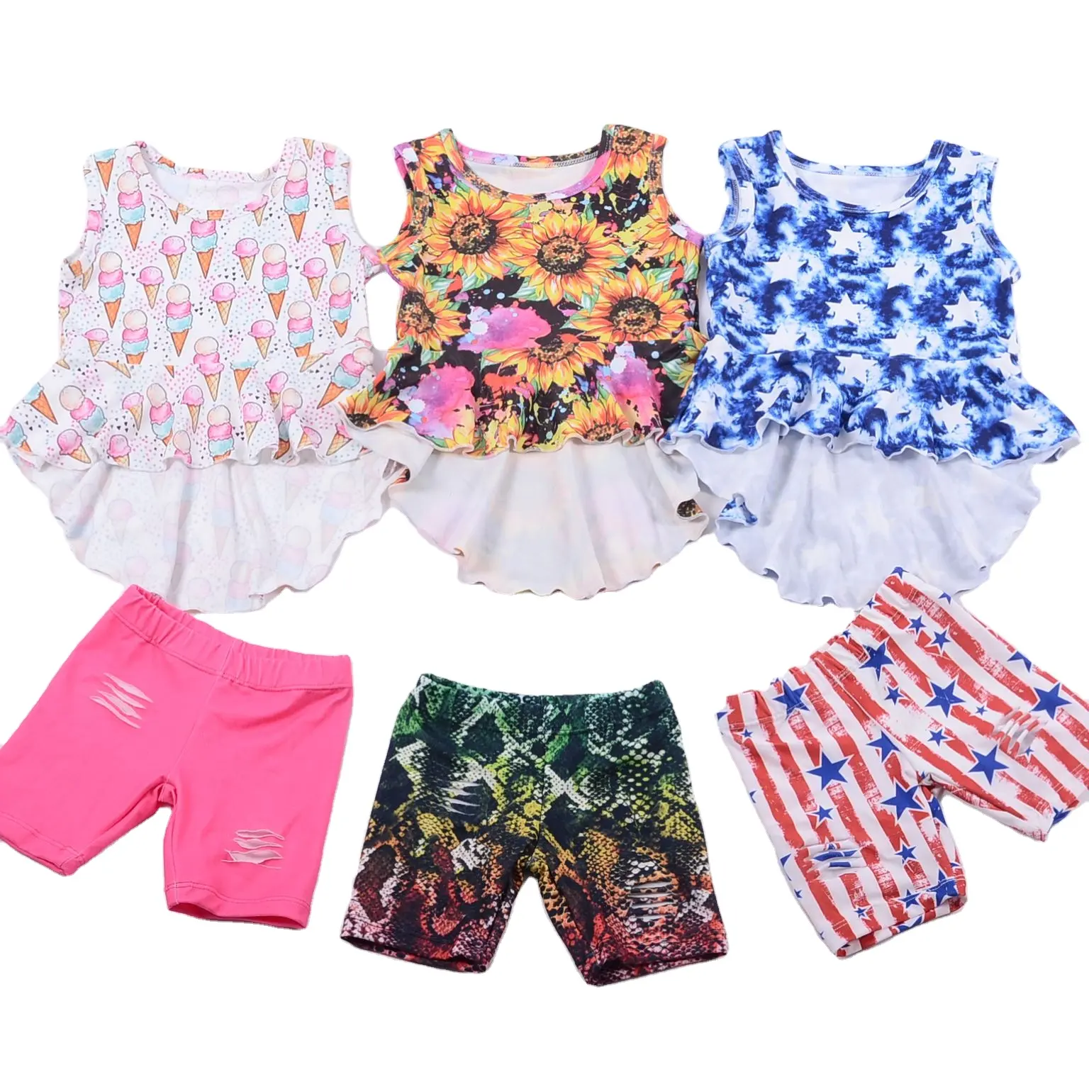 Offre Spéciale Bébé Fille Moitié Manches À Volants Chemises Costume Haute-bas Peplum Bébé Top Et Shorts Serrés Bébé Fille Ensembles