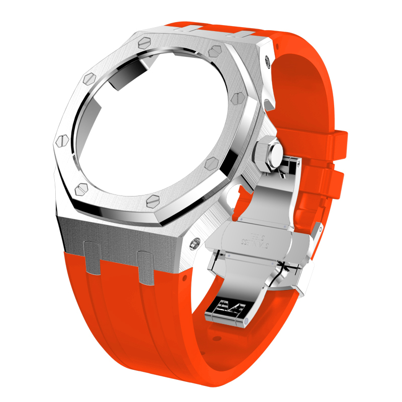 Silver case orange strap