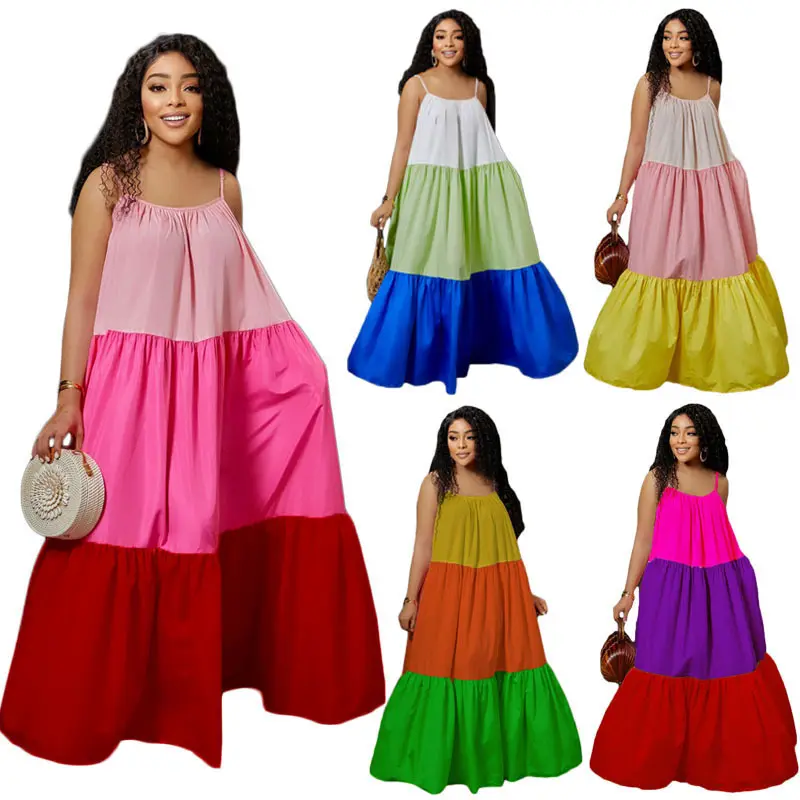 Bán Buôn Thời Trang Mùa Hè Màu Sắc Chặn Cộng Với Kích Thước Sundress Phi Maxi Dresses
