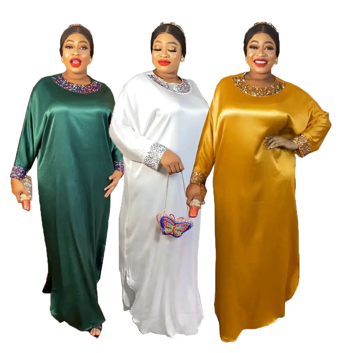 Vestido abaya feminino, vestido longo moda casual solto gola redonda strass roupas islâmicas africanas robe diário