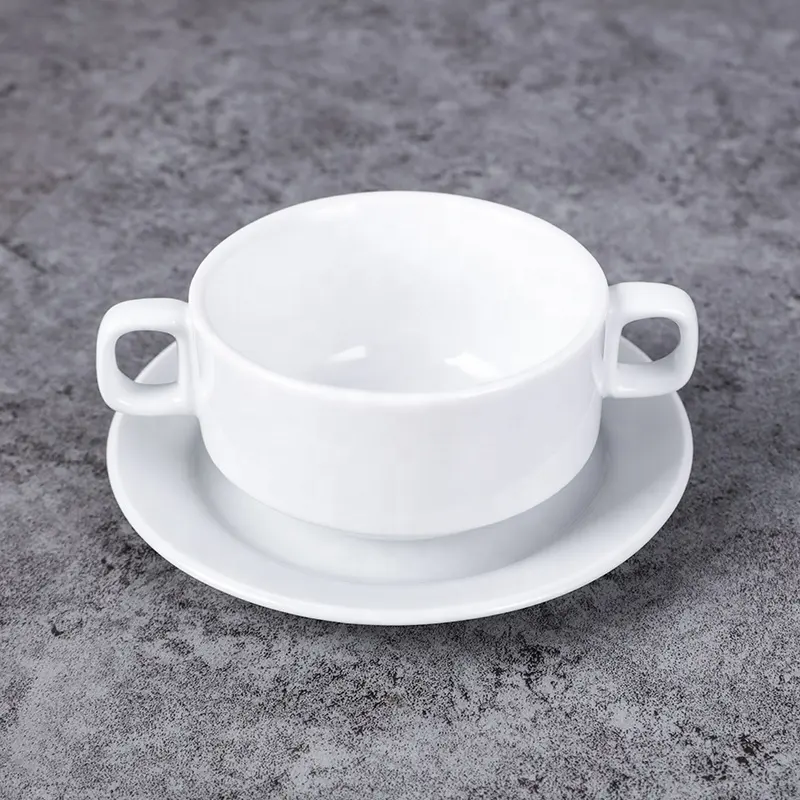 Taza de porcelana de cerámica blanca para uso en hoteles y restaurantes, juego de platillos con doble Mango, venta al por mayor