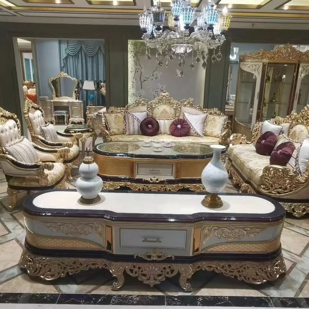 Fournisseur de canapé européen de luxe en bois massif sculpté et en tissu, canapé de salon classique turc pour villa royale française