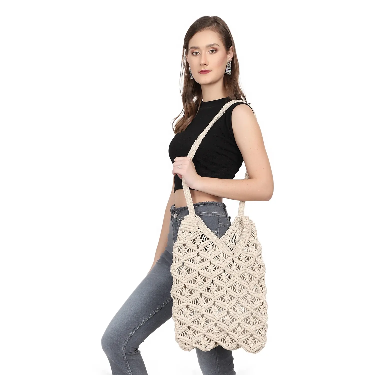 Handmade của phụ nữ bông dây Tote Vai Túi Lady-Style Ins thời trang vai túi làm từ đay và Crochet vật liệu