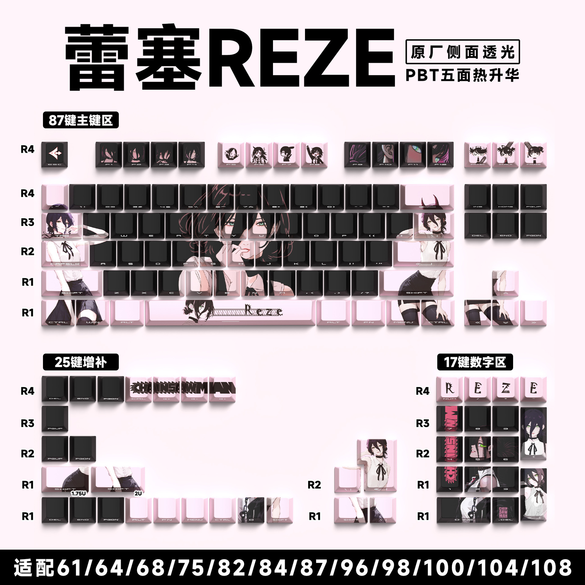 Reese reze rosa, fábrica con grabado lateral, 129 teclas en inglés, en caja.