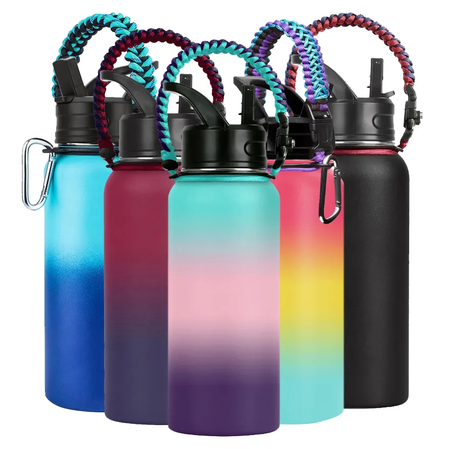 32oz 40oz BPA free double wall stainless steel wide mouth vacuum insulated water bottle with straw lid and umbrella rope handle