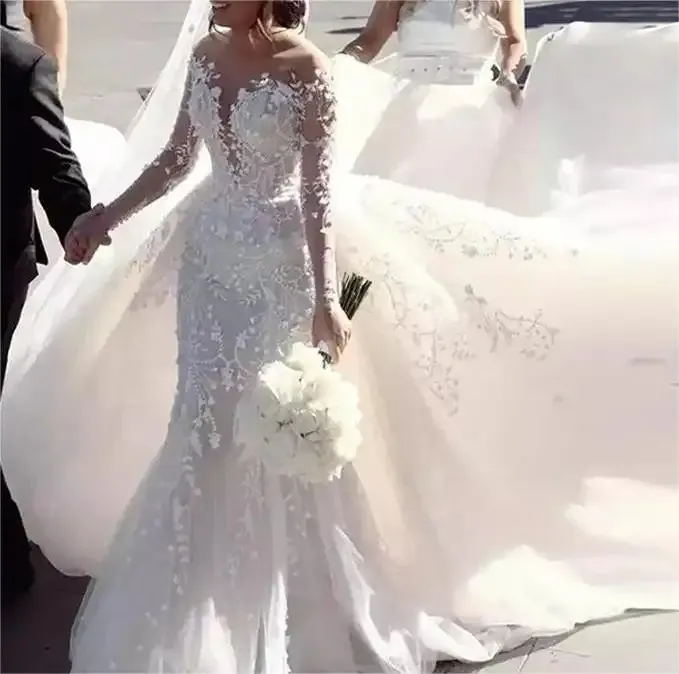 Tùy Chỉnh Vestidos De Novia Wedding Gown Với Có Thể Tháo Rời Có Thể Tháo Rời Đuôi Đuôi Lưới Đính Cườm Sequin Nàng Tiên Cá Wedding Dress