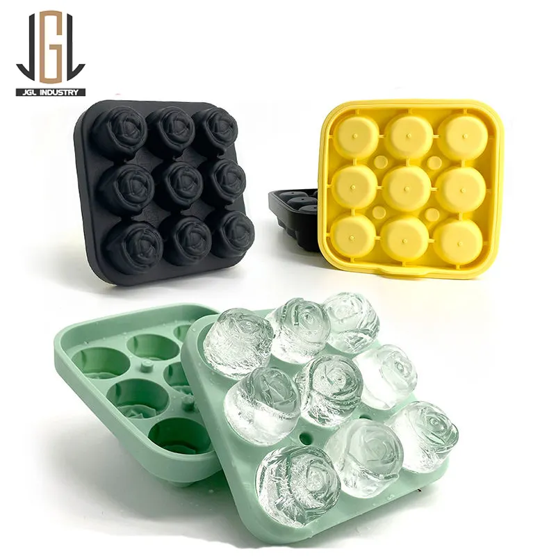 2024 Custom Logo Bpa Free Food Grade Creative 3d 9 cavity Rose Shaped Diamond Home Whiskey Ice Cube Silicone Ice Tray Mold