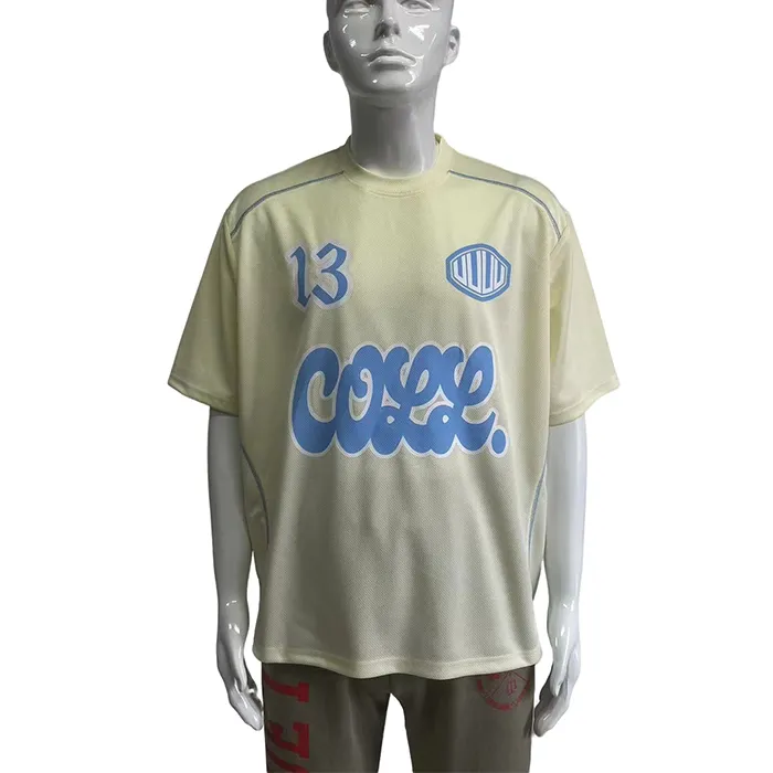Suéter de manga corta para hombre con cuello en V y logotipo personalizado, camiseta de ganchillo de algodón y malla, camiseta de fútbol deportiva de punto con número ajustado