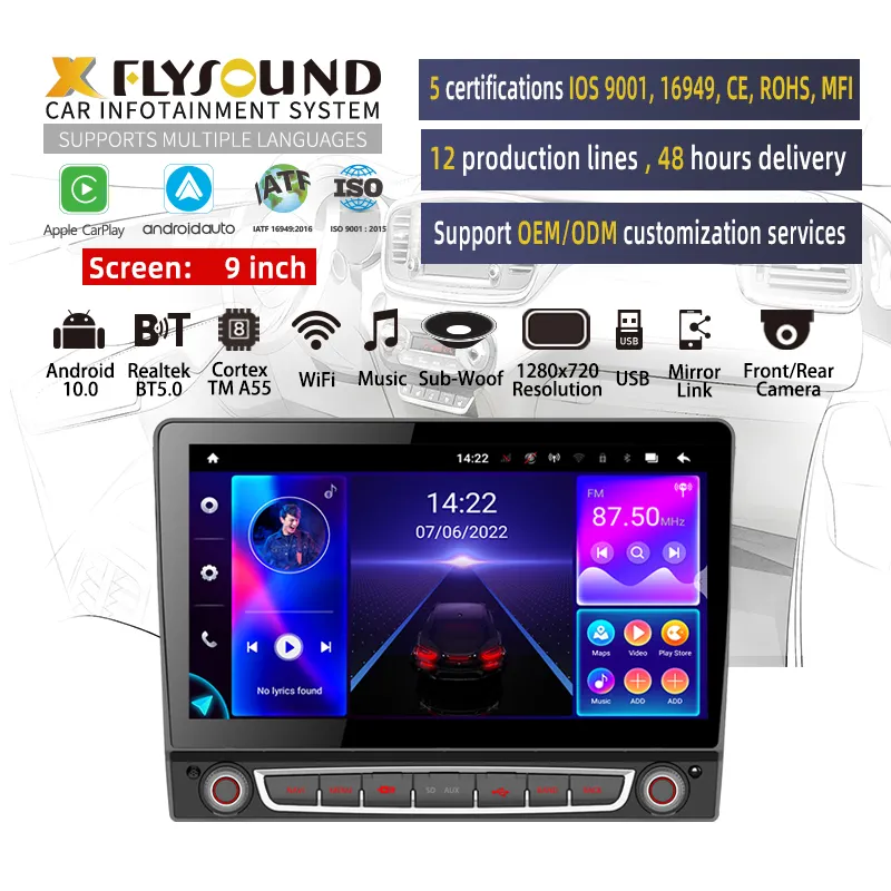 Flysonic ODM customized Double din 2G+32G Android 4g car stereo Built-in Gps Navigation 9 inch car radio