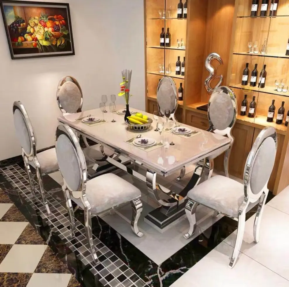 2022 Mobiliário moderno restaurante de cozinha mesa de jantar e cadeira 6 Luxo metal conjuntos de sala de jantar mesas de jantar de aço inoxidável