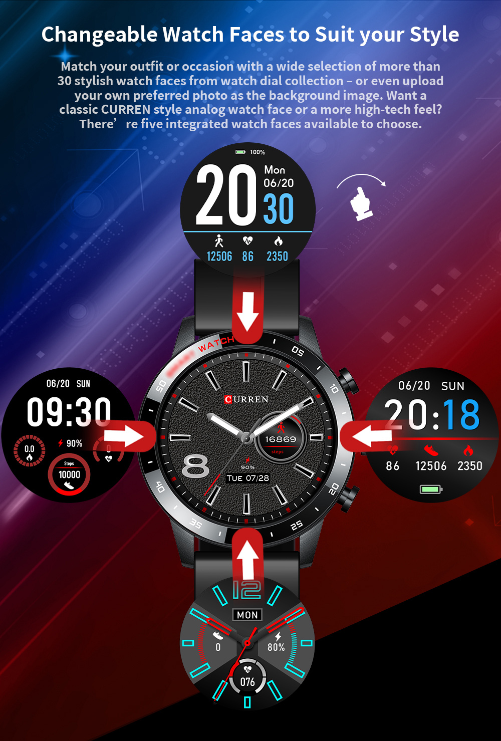 CURREN – montre étanche pour hommes, moniteur de fréquence cardiaque, moniteur de Fitness, montre numérique sport, lecture de musique, écran HD pour Android IOS
