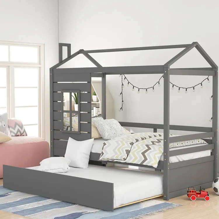 Quarto Casa Forma Moldura De Madeira Crianças Meninos Meninas Adolescentes Criança Crianças Daybed Twin Size Montessori Piso Cama com Trundle