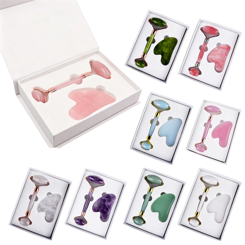 Kit de beauté et bien-être : rouleau de massage facial en pierre personnalisé et Gua Sha
