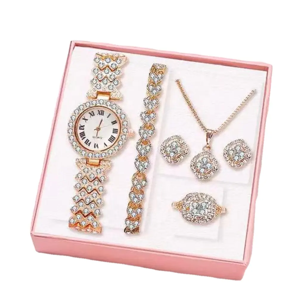 Set perhiasan kristal wanita, 7 buah mode kristal jam tangan Set Berlian Kalung Anting cincin gelang jam Set hadiah perhiasan untuk wanita