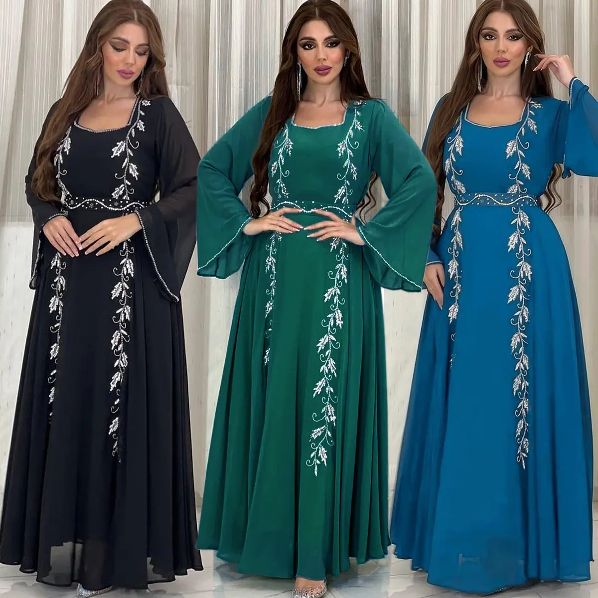 Eid 3 renkler arap Dubai işlemeli elbise müslüman parti korse zayıflama islam lüks Abaya kadınlar müslüman abiye türkiye