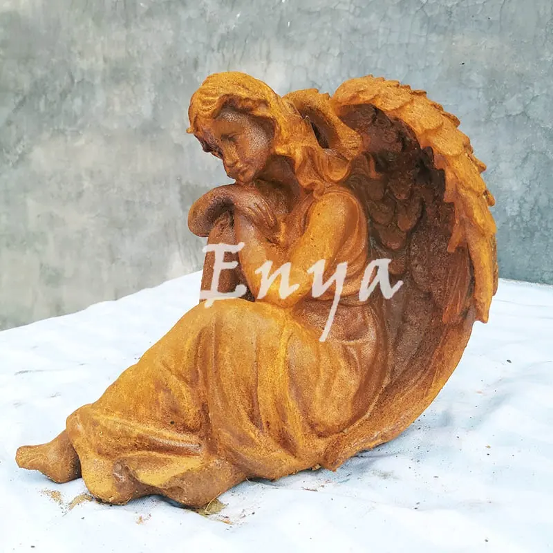 Fundición de hierro rústico para exteriores, césped, adornos de jardín de hadas, estatua de Metal para decoración del hogar, adornos de Ángel de gran tamaño real, estatua de escultura