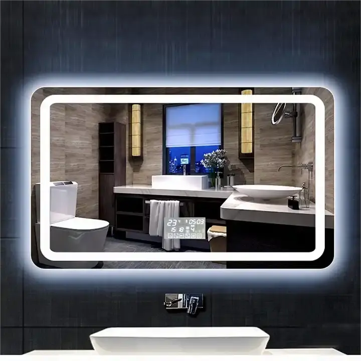Venta al por mayor Fácil instalación impermeable LED espejo de baño sin marco espejo inteligente pantalla con funciones personalizadas