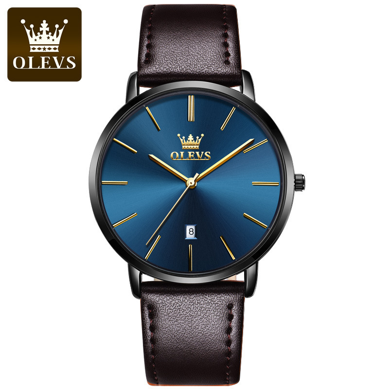 3 blue dial black case deep brown belt - for men