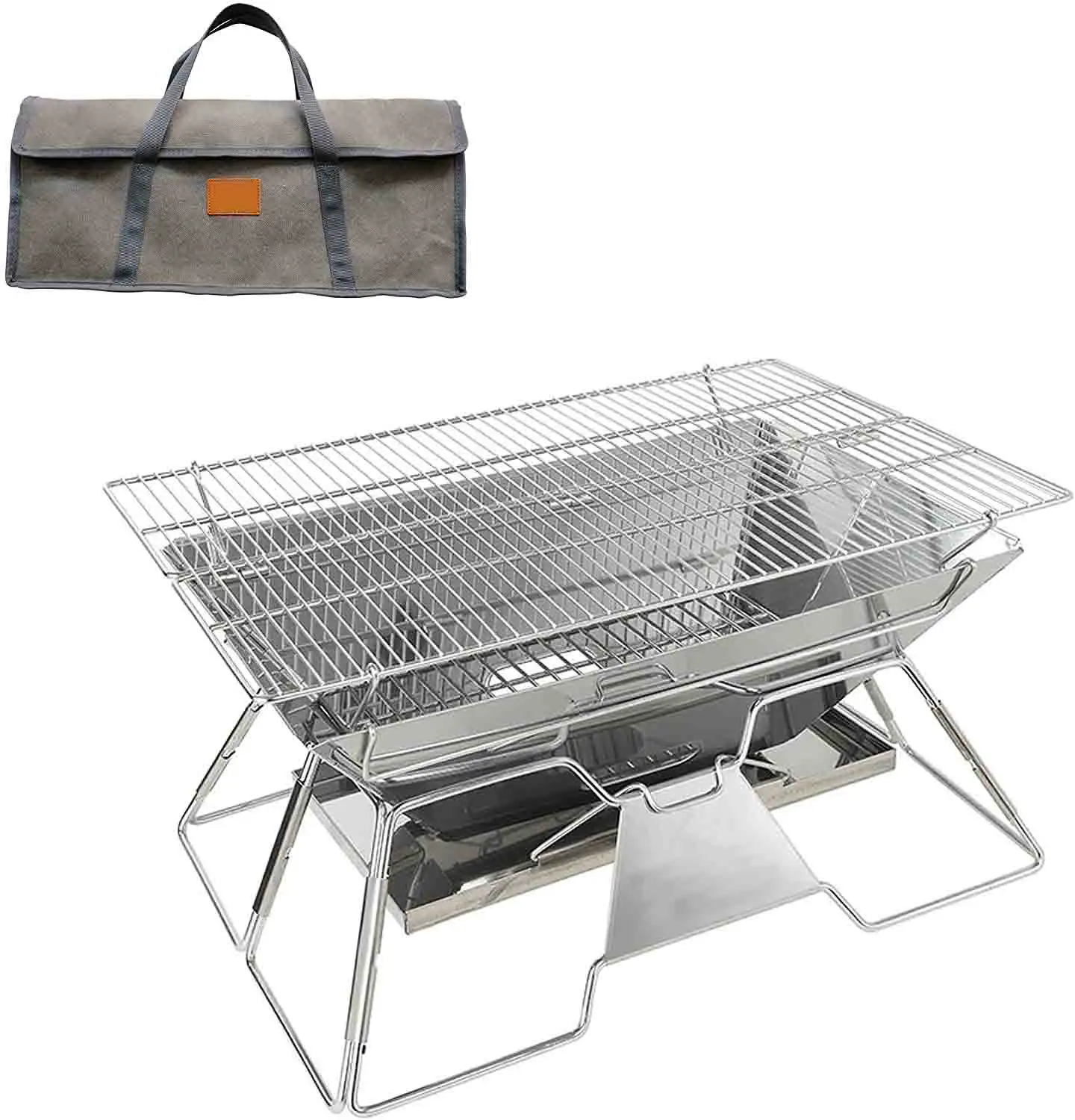 Outdoor Roestvrij Staal Draagbare Camping Vuurkorf 20x13-inch Met Draagtas Opvouwbare Houtgestookte Houtskool Grill