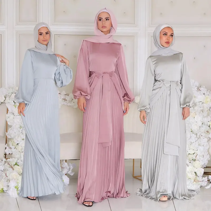 Lussuosa manica lunga a sbuffo in raso abaya modesto maxi abito all'ingrosso splendido abito da sera splendente da sera vestito islamico per ragazze