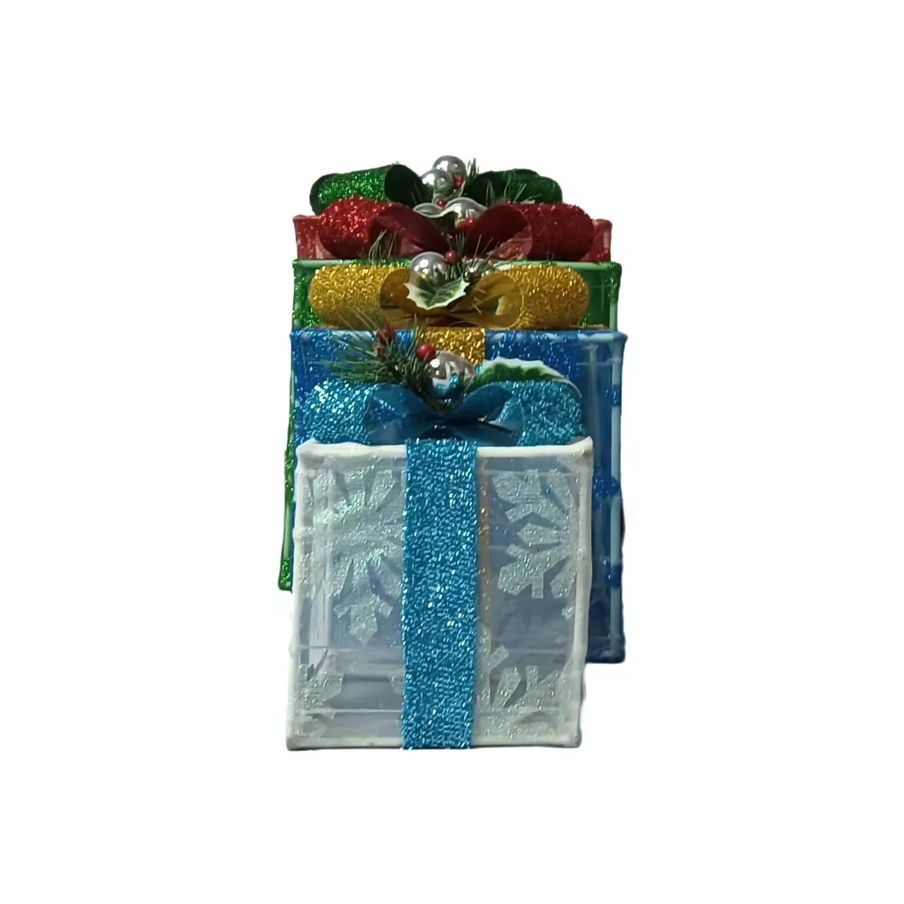 Juego de cuatro adornos de luces navideñas, Cajas de Regalo decorativas con diseño de flores