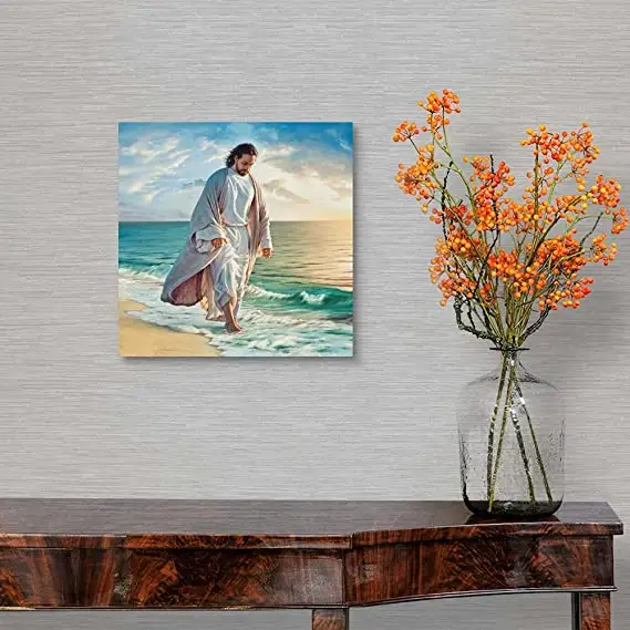 ภาพวาดคริสเตียนพระเยซูเดินบนน้ำพร้อมกับพระคริสต์ข้างฉันศิลปะบนผืนผ้าใบผ้าใบสำหรับสวดมนต์ของพระเจ้า