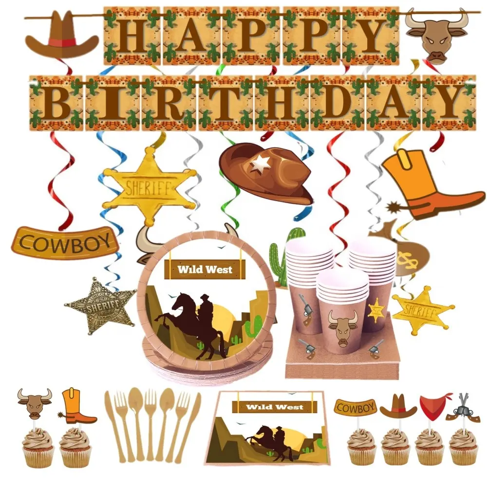 Suministros de decoraciones para fiesta occidental, juego de cumpleaños de caballo vaquero occidental, cumpleaños